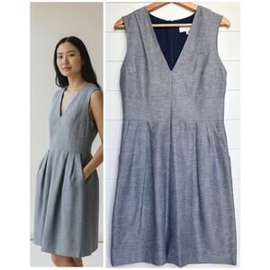 Adam Lippes Linen Cotton Fit & Flare Dress Silk Lined Sleeveless Gray Blue 8